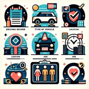 Icons representing key car insurance rate factors: a car with a checkmark for a clean driving record, diverse car silhouettes for the type of vehicle, a cityscape for location, a calendar for age, gender symbols, and rings for marital status. Designed to simplify the understanding of insurance rate determinants