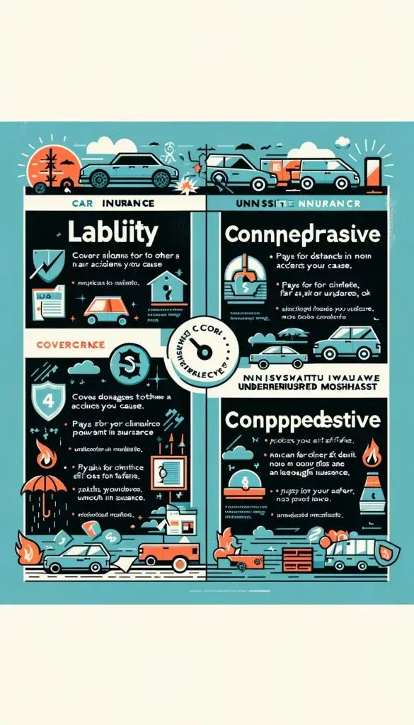 nfographics comparing Liability, Collision, Comprehensive, and Uninsured/Underinsured Motorist coverage. Each section is illustrated with icons or visuals for accidents, theft, vandalism, and natural disasters, along with brief descriptors for each insurance type.
