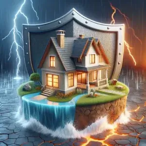 Protective shield over home symbolizing homeowners insurance coverage against a backdrop of potential natural disasters like floods and earthquakes, emphasizing the safeguarding nature of comprehensive insurance.