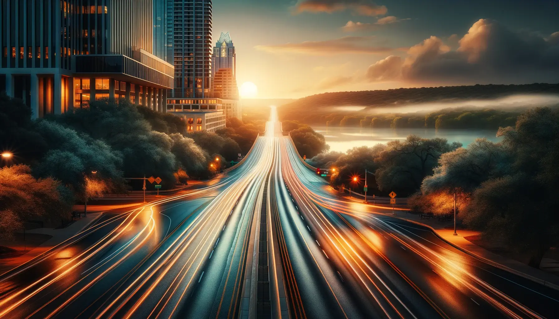 Dawn breaks over a tranquil Austin road, captured in stunning realism. The image highlights an empty street that leads towards distant natural scenery, symbolizing comprehensive protection and the tranquility it brings