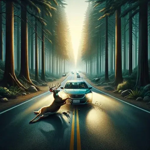 llustration of an Animal Collision: An image showing a moment just before a car collides with a large animal (like a deer) on a forest-lined road