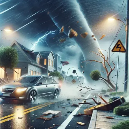 Natural Disaster Impact on Vehicle: A dramatic image of a car during a severe weather event such as a hurricane or tornado.