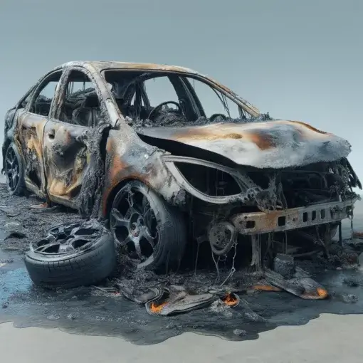 Vehicle After Fire Damage: A realistic depiction of a car after it has been damaged by fire or an explosion, focusing on the burnt-out exterior and melted components.